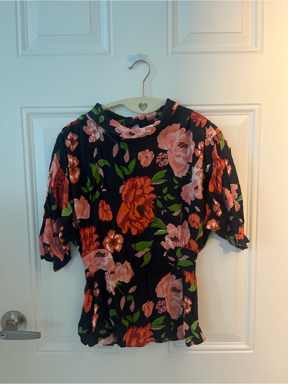 Zara Navy Floral Puff Sleeve Blouse with Coral & Pink